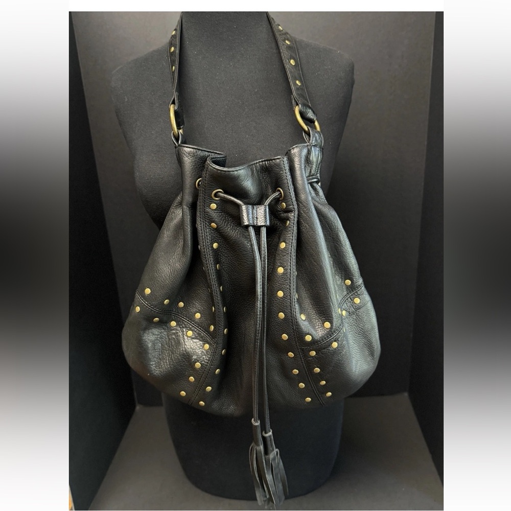 LC Liz Claiborne Purse Black Leather Studded Drawstring Shoulder Handbag